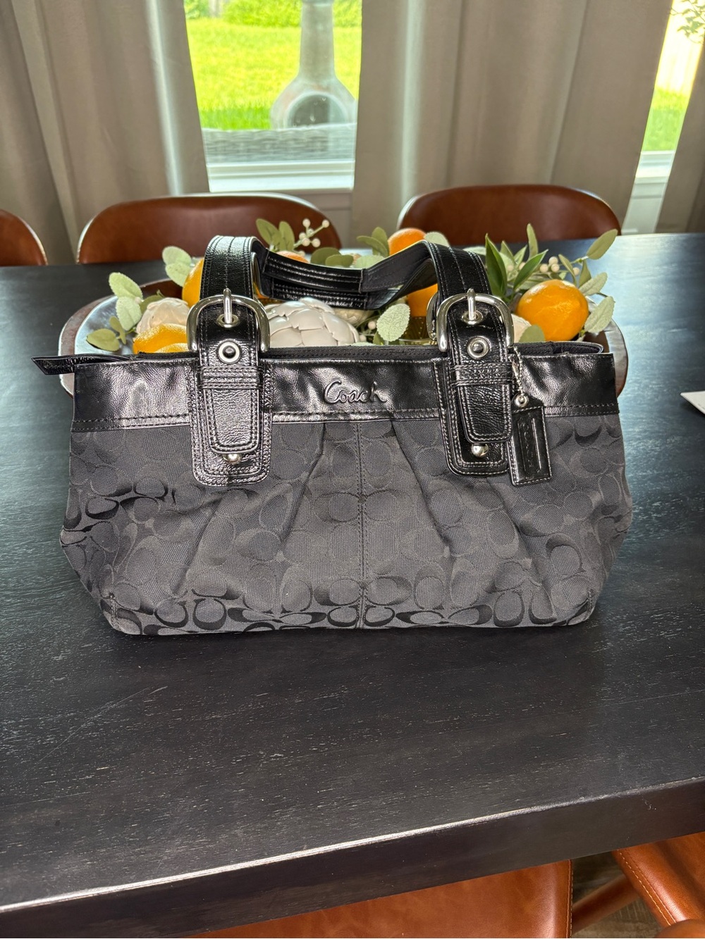 Coach Black Signature Satchel with Patent Trim